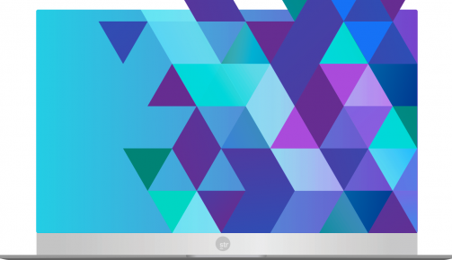 laptop with abstract blue, green and purple shapes